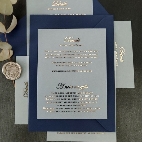 Custom Details Vellum Card with Real Gold Foil and beautiful Script text, Wedding Enclosure Card, Foiled Vellum Card, Silver, Rose Gold