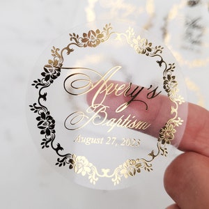 Clear Baptism Stickers for Favors with Gold, Rose Gold Silver foil, Personalized Baptism Favor Stickers Labels, Luxury Elegant Favors