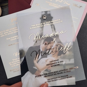 XOXOKristen Custom Personalized Photo Vellum Wedding Invitations with RSVP and Envelopes and Details cards, Gold Foiled Custom Wedding Invitation, Rose Gold Wedding Invitation Suite with Picture and Vellum Overlay