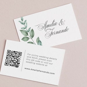 Biglietto per sito Web QR per matrimonio nel verde, biglietti per inserimento codice QR con ramo verde, biglietto per allegato matrimonio calligrafico, biglietto per inserimento invito matrimonio