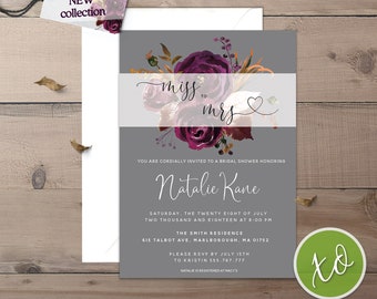 Boho Chic Watercolor Bridal Shower Invitations Floral Bridal Shower Invitation Spring Flower Purple Plum Garden Wedding Shower Invites