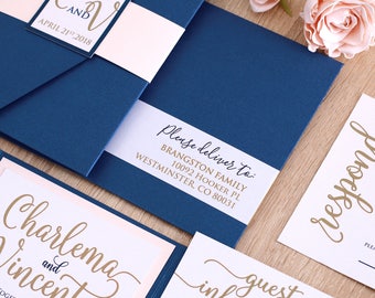 Blush and Navy Wedding Invitation Suite, Navy and Gold Wedding Invitations, Wedding Pocket Invitations