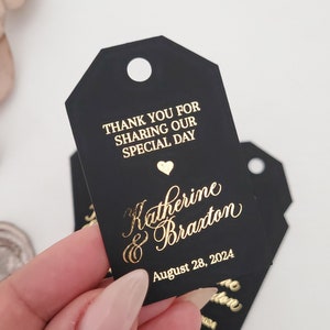 Gold Foiled Black Favor Tags for Wedding favors, Wedding Gifts, Small Rose Gold Thank you for celebrating with us Favor Tags for Favor Bags
