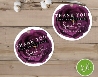 Bridal Shower Favor Tags Plum Thank You For Showering Tags Custom Thank You Favor Tags Personalized Bridal Shower Tags Bride to Be Tags