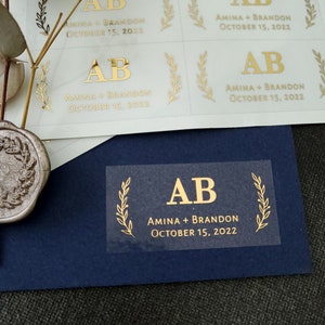 Small Rectangular Wedding Stickers for Wedding Favors, Custom Clear Gold Foiled Wedding Favor Stickers with Monograms, Rose Gold Stickers