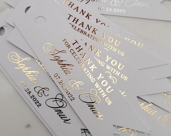 Custom Wedding Favor Gold Foiled Merci d’avoir célébré avec nous Tags, Sacs cadeaux personnalisés Étiquettes volantes, Mariage Merci Tags, Étiquette cadeau