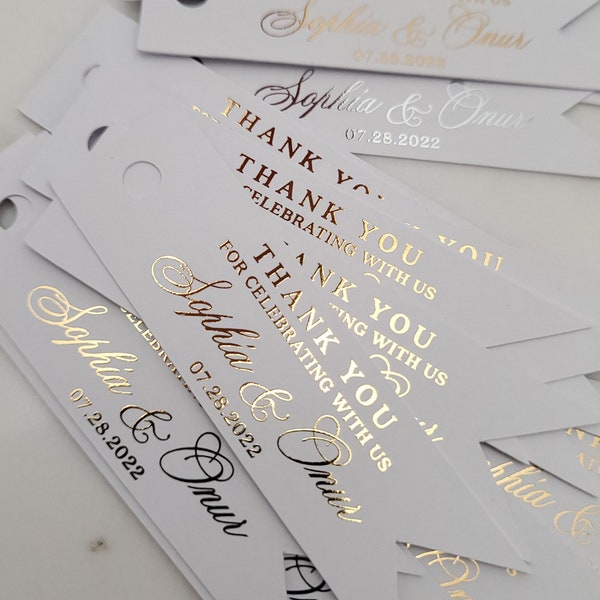 Custom Wedding Favor Gold Foiled Merci d’avoir célébré avec nous Tags, Sacs cadeaux personnalisés Étiquettes volantes, Mariage Merci Tags, Étiquette cadeau