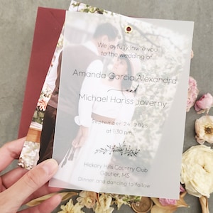 Carte d'invitation de mariage romantique en vélin avec photo personnalisée Faire-part de mariage moderne semi-transparent personnalisé avec photo