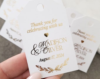Thank you for celebrating with us Wedding tags for favors and gifts with Gold, Rose gold or Silver foils print, Floral Branch, Calligraphy