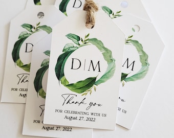 Greenery Monogram Thank you Wedding Favor Tags,  Personalized Wedding Gift Tags, Rustic Wedding Tags, Botanical Thank You Favour Hang Tags