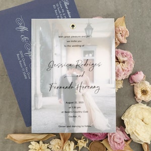 Vellum Wedding Invitation with Elegant Calligraphy Custom Semi-Transparent Modern Wedding Invite with Photo