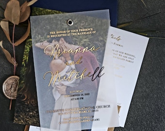 Invitaciones de boda con foto personalizadas, invitación de boda de vitela laminada en oro con confirmación de asistencia, invitaciones de boda personalizadas en oro rosa con sobres