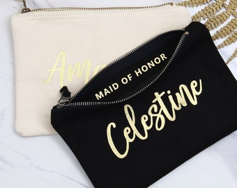 Personalized Bridesmaid Cosmetic Bag: Gold Foil Cotton Canvas Toiletry Bag