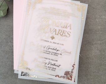 Quinceanera Invitations, Gold Mis Quince Invitations for Girl 15th Birthday, Luxury Frame Vellum Quinceañera Cards, Quince Anos Celebration