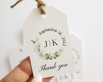 Verdure Monogramme Merci Étiquettes de faveur de mariage, Étiquettes de cadeau de mariage personnalisées, Étiquettes de mariage rustiques, Botanique Merci Favor Étiquettes volantes