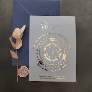 Invitación de boda en papel vitela dorado con calendario y reloj, invitaciones de boda únicas con sobres, invitaciones de boda en oro rosa, tarjetas elegantes