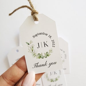 Greenery Monogram Thank you Wedding Favor Tags, Personalized Wedding Gift Tags, Rustic Wedding Tags, Botanical Thank You Favour Hang Tags image 1