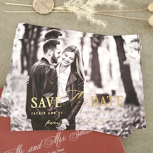 Goldfolie Foto Save The Dates Hochzeit mit Umschlägen, kundenspezifische personalisierte 5x7 Goldhochzeit speichern die Daten einlädt, Rose Gold, Silber