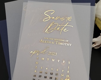 Vellum Save The Dates for Wedding with Calendar, Gold Save the Date Cards with Envelopes, Rose Gold foiled Wedding Save the Date