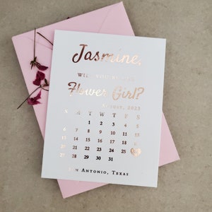 Goudfolie bloemenmeisje voorstel kalenderkaart Save the Date zilveren roségouden bloemenmeisje cadeaubon Will you be my bloemenmeisje insteekkaart