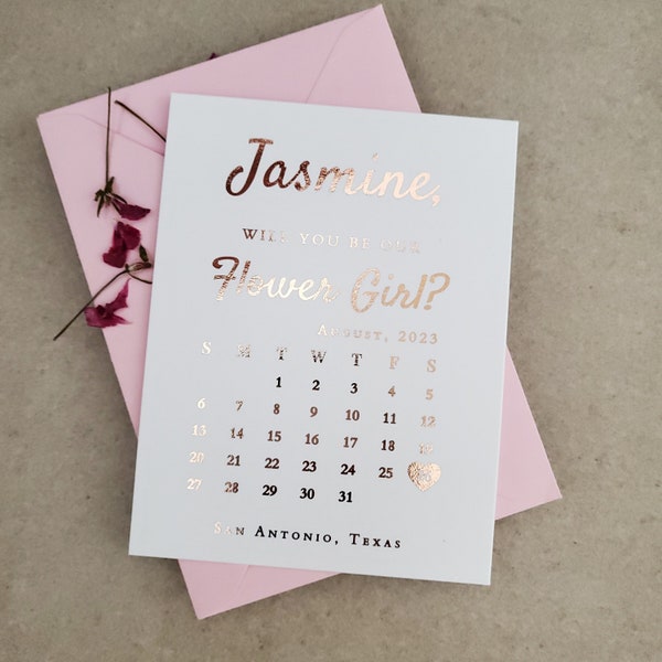 Gold Foil Flower Girl Proposal Calendar Card Save the Date Silver Rose Gold Flower Girl Gift Card Will you be my Flower Girl Insert Card