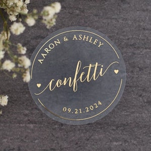 Custom Confetti Stickers for Wedding Confetti, Clear Round Gold Foiled Personalized Wedding Sticker for Confetti, Rose Gold Confetti Sticker