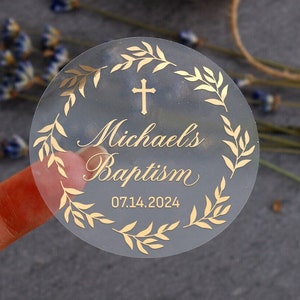 Stickers cadeaux de baptême avec impression feuille d'or, d'or rose ou d'argent, étiquettes de cadeaux de baptême, stickers Mi Bautizo, transparent, blanc, métallisé, rond