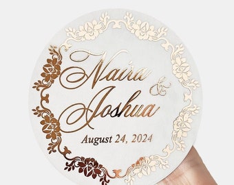 Custom Wedding Stickers for Favors Personalized with Gold Floral Frame, Thank you Stickers for Wedding Favors, Gold Wedding Envelope Seals