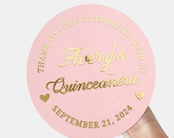 Personalized Pink & Gold Quinceañera Stickers: Velvet Party Favors