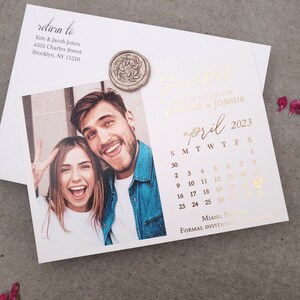 Goldfolierte Save the Date Karte mit Foto und Kalender Save the Date lädt ein mit Bild Personalisierter Kalender Save the Weddingeinladung