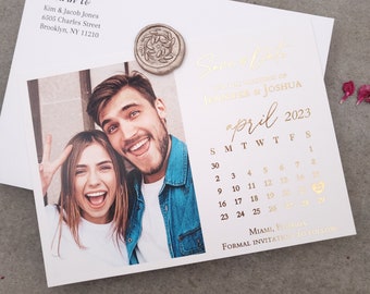 Gold Foiled Save the Date Card with Photo and Calendar Save the Date Invites with Picture Personalized Calendar Save the Wedding Invitation