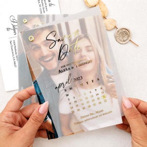 Wedding Save the Date Invitation with Calendar Luxury Gold Foil Wedding Photo Card with Foil Vellum Overlay, Envelope, Rose Gold, Silver