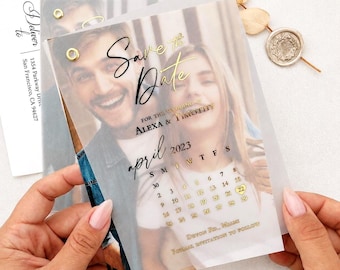 Wedding Save the Date Invitation with Calendar Luxury Gold Foil Wedding Photo Card with Foil Vellum Overlay, Envelope, Rose Gold, Silver