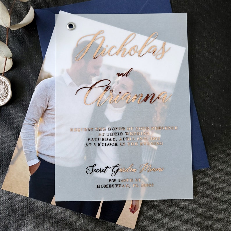 Elegant Vellum Wedding Invitations with Gold Foil Personalized Photo Wedding Invitation with Envelopes, Rose Gold Wedding Invitations Custom image 2