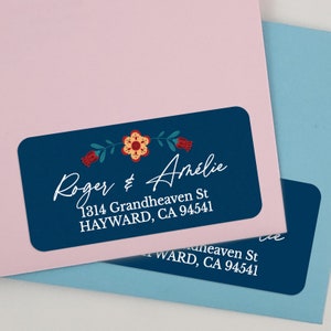 Etichette per indirizzi di famiglia Etichette per indirizzi di ritorno floreali blu scuro Adesivi floreali personalizzati Etichetta postale per matrimoni Sigillo di indirizzamento per buste Blu navy