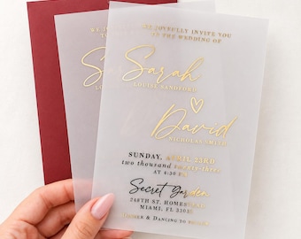 Vellum Wedding Invitations with Gold Foil, Personalized Wedding Invites with Envelopes, Elegant Calligraphy, Hearts, Rose Gold, Silver