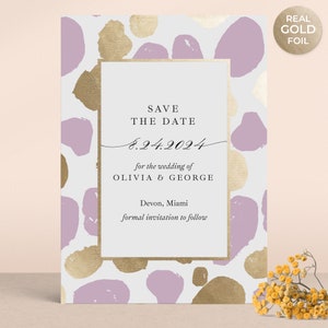 Cartes de mariage "Retenez ces dates" avec motifs décoratifs modernes, lilas, or, mariage, "Retenez ces dates" pour les faire-part de mariage, "Retenez notre date" de luxe)