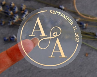 Klare Hochzeitsaufkleber mit Goldfolie, personalisierte Monogramm-Umschlagsiegel mit Unendlichkeit für Hochzeitsgeschenke, Tassenetiketten Aufkleber