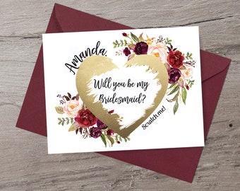 Custom Bridesmaid Proposal Card Personalized Scratch off Bridesmaid Card, Will You Be My Bridesmaid, Burgundy Bridesmaid invitation