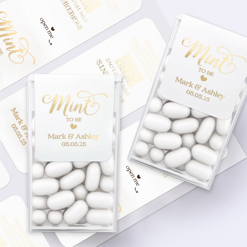 Personalized Calligraphy Mint to be Tic Tac Labels Stickers for wedding favors or Bridal shower party gifts in gold with custom name and wedding date