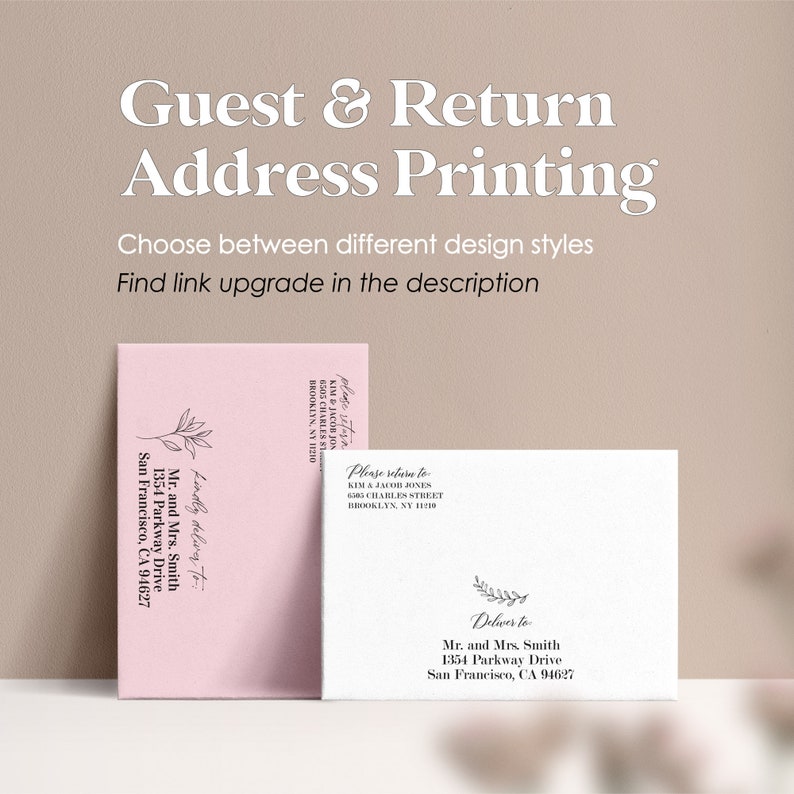 May include: Two white envelopes with black text and a simple floral design. The top envelope has the text "Please return to: Kim & Jacob Jones 6385 Charles Street Brooklyn, NY 11210". The bottom envelope has the text "Deliver to: Mr. and Mrs. Smith 1354 Parkway Drive San Francisco, CA 94627".