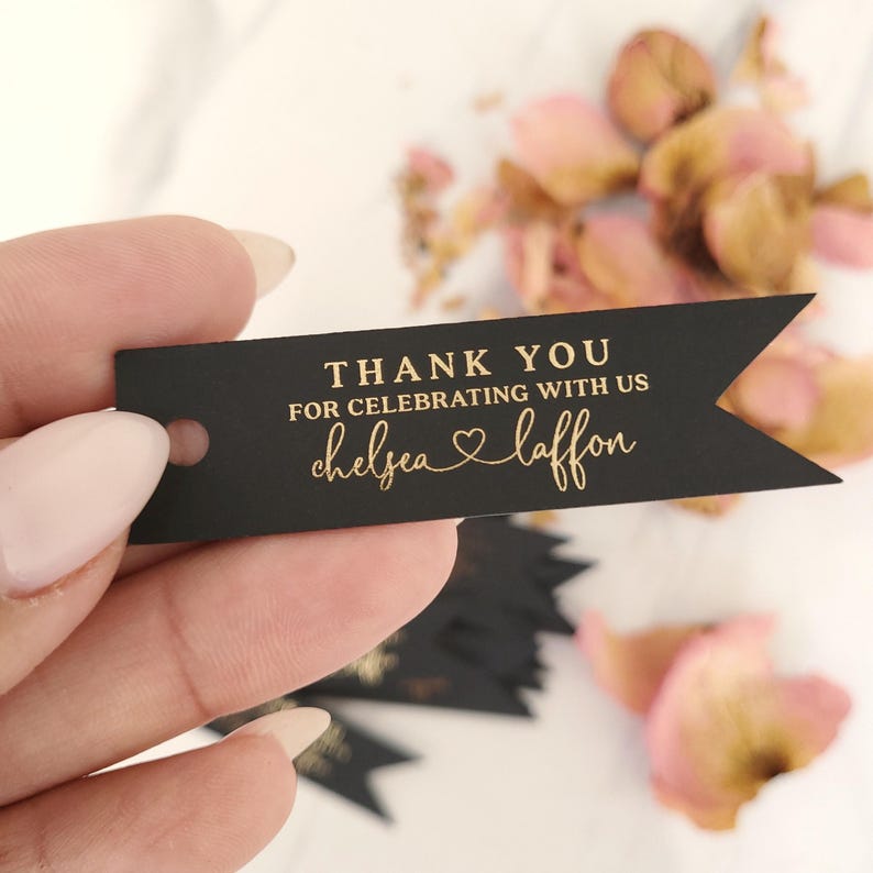 XOXOKristen Custom Small Black Gold Foiled Thank you Tags for Wedding Favors & Gift Bags, Rose Gold, Silver or Gold Foils, Personalized Black Favor Tags for welcome bags, wedding gifts, quinceanera, baptism, bridal shower, bottles, jars, bags, candy
