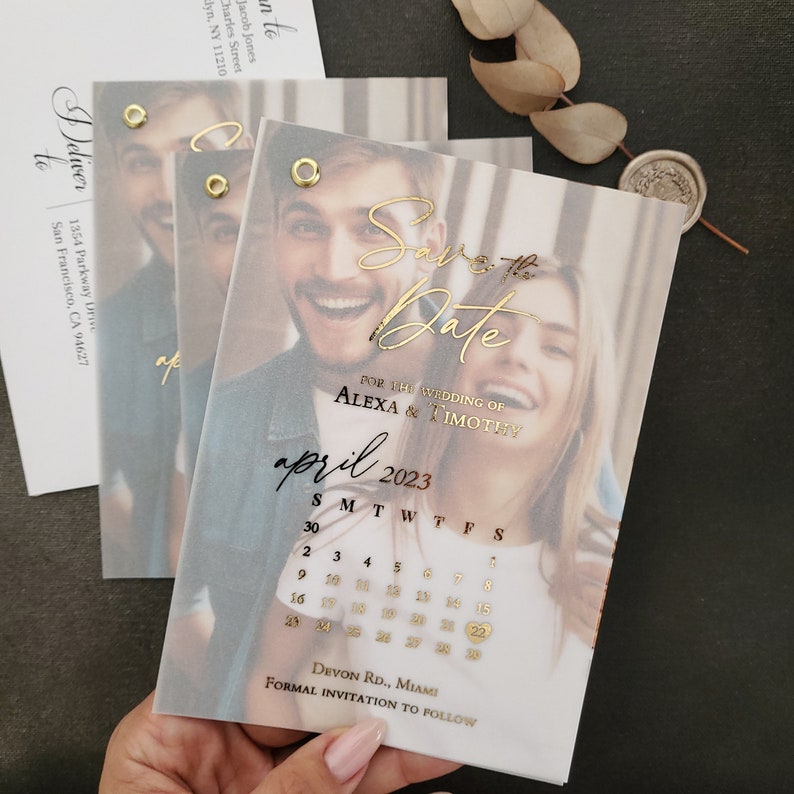 Faire-part Retenez une date en vélin avec calendrier feuille d'argent, faites-vous réserver une date personnalisée en métal argenté avec photo, or rose image 2