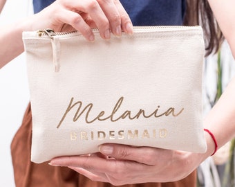 Personalized Bridesmaid Canvas Pouch: Gold Foil Makeup Bag