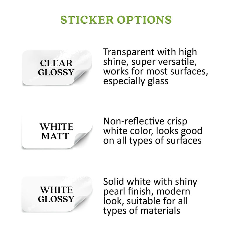 May include: Three sticker options for different surfaces. Clear glossy, white matt, and white glossy.