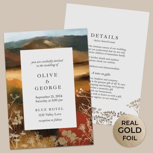 Montagnes, forêt, paysage, faire-part de mariage avec de vraies branches de fleurs en feuille d'or, 5 x 7 invitations de mariage automne automne avec RSVP et enveloppes