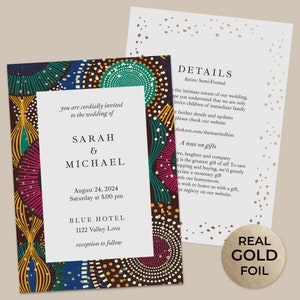 Inviti per matrimonio a tema etnico africano con ornamenti in lamina d'oro vera. Inviti per matrimonio in stile africano tradizionale con biglietti RSVP e buste