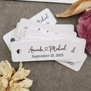 XOXOKristen Custom Personalized extra small wedding favor tags with black ink or foiled print, rectangular shape on white cardstock, Birthday thank you gift tags, Bridal shower tags, customized with names and date