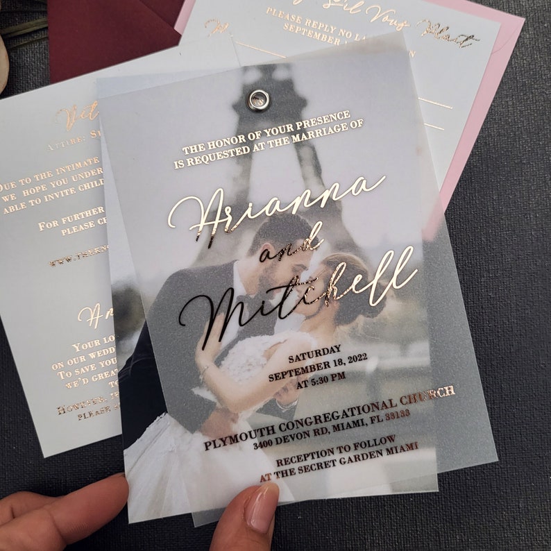 XOXOKristen Custom Personalized Photo Vellum Wedding Invitations with RSVP and Envelopes and Details cards, Gold Foiled Custom Wedding Invitation, Rose Gold Wedding Invitation Suite with Picture and Vellum Overlay