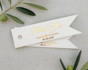 Small Thank You Tags for Wedding Favors Gold Foil Personalized Gift Tags, Heart, Rose, Silver, Elegant Script Calligraphy Writing